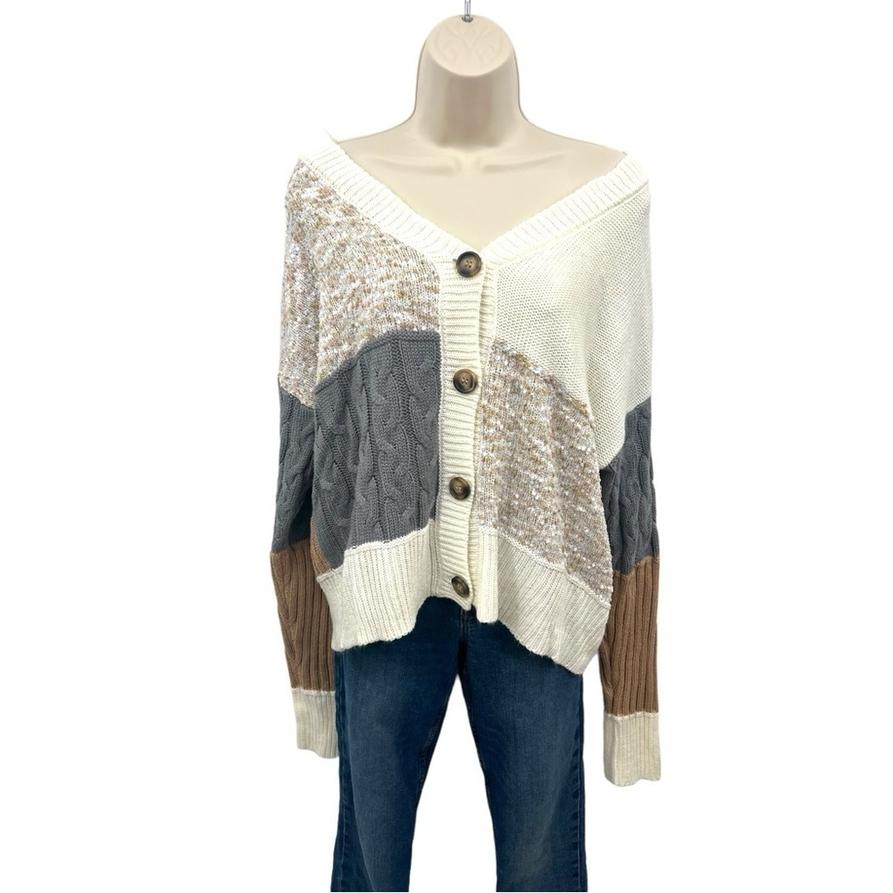 Absolutely Famous Neutral Colorblock Cardigan Size M - Picture 2 of 11